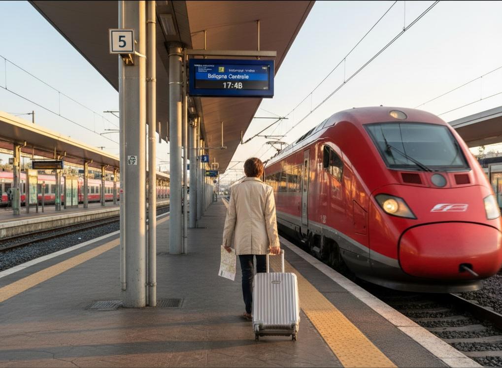 dworzec centralny w bolonii, peron ze stojácym na nim pociagiem w kolorze czerwonym