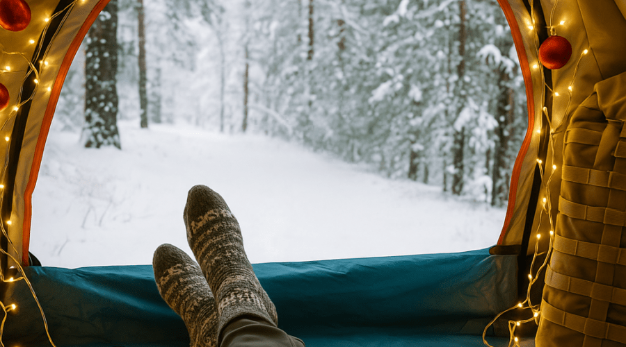 Podróżnik leżący w namiocie z widokiem na ośnieżony las, otoczony lampkami i plecakiem